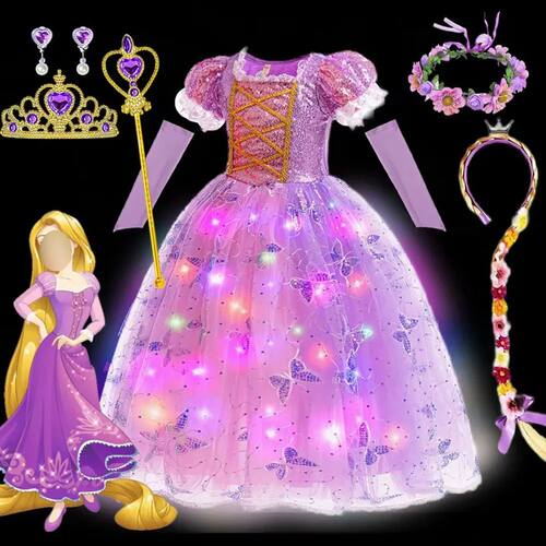 2026 Glowing Rapunzel Costume Girl LED Princess Ball Gown Ch