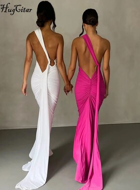 Hugcitar One Shoulder Backless Scarf Loop Ruched Sexy Maxi D