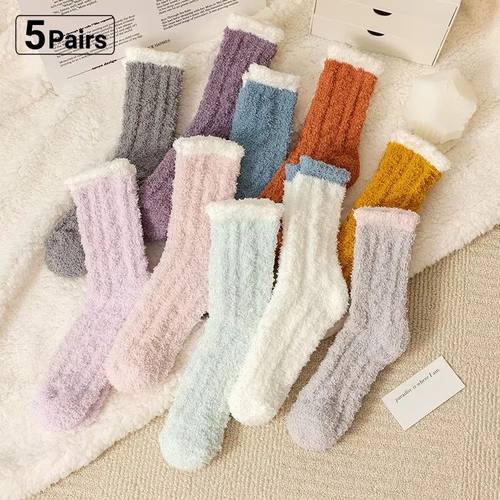3/5 Pairs Fuzzy Casual Socks for womens Soft Fleece Home Flo