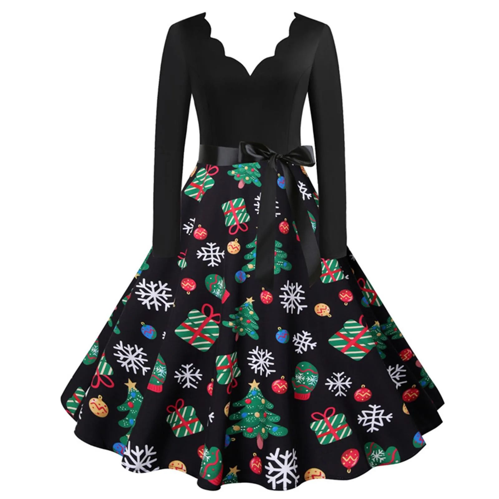 Black Christmas Print Vintage Dress Women Swing Robe Pinup S