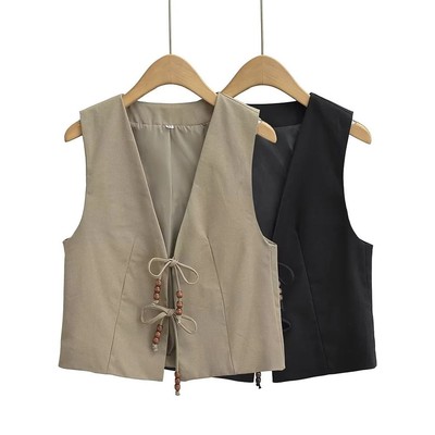 Willshela WomenWith Beading Army Green Lace Up Vest Sleevele