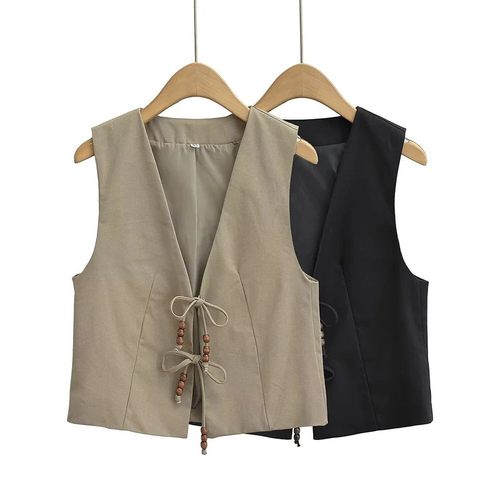 Willshela WomenWith Beading Army Green Lace Up Vest Sleevele