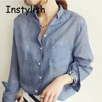 Women Autumn Harjauku Solid Cotton and Linen Blouse Vintage
