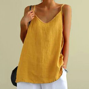 Women's Summer Top Cotton Linen Spaghetti Strap Top V-neck S