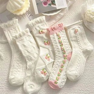 5 Pairs Women White Pink Floral Pattern Socks Cute Sweet Ver