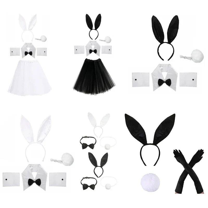 Women Bunny Costume Role Rabbit Headband Tail Bowtie Cuffs S