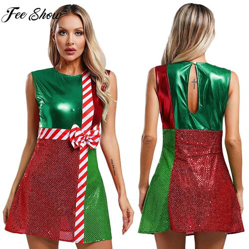 Women Christmas Santa Elf Costume Shiny Sequ Bowknot Dress B