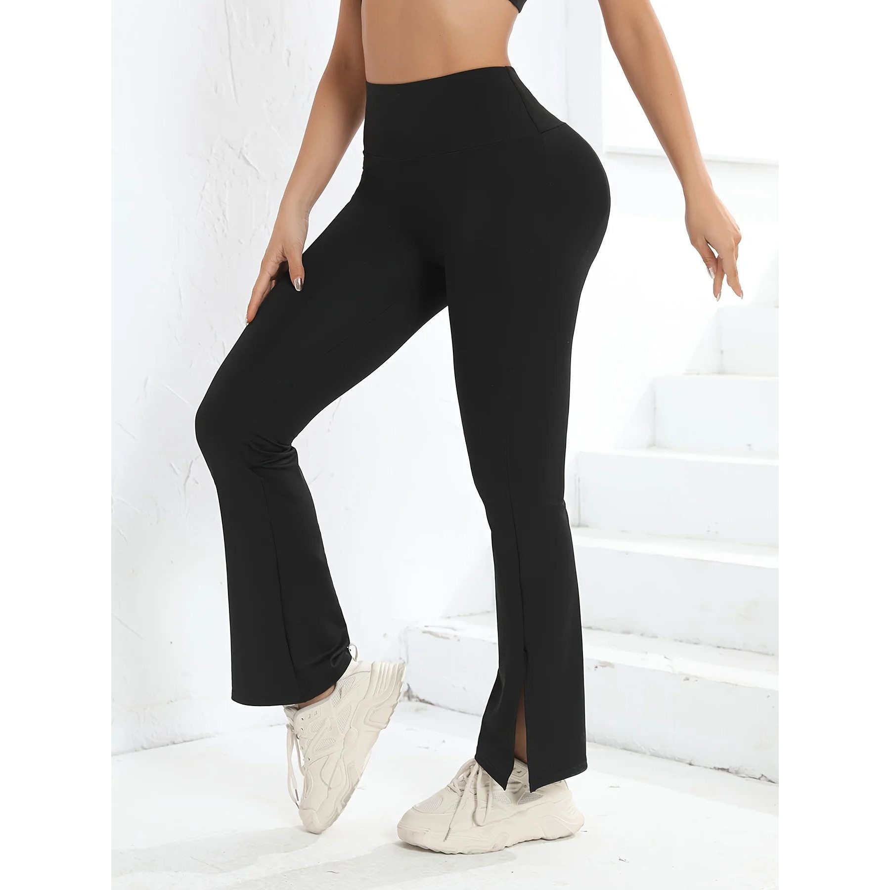 Women's Casual Bootleg Yoga Pants High Waisted Split Hem Fla