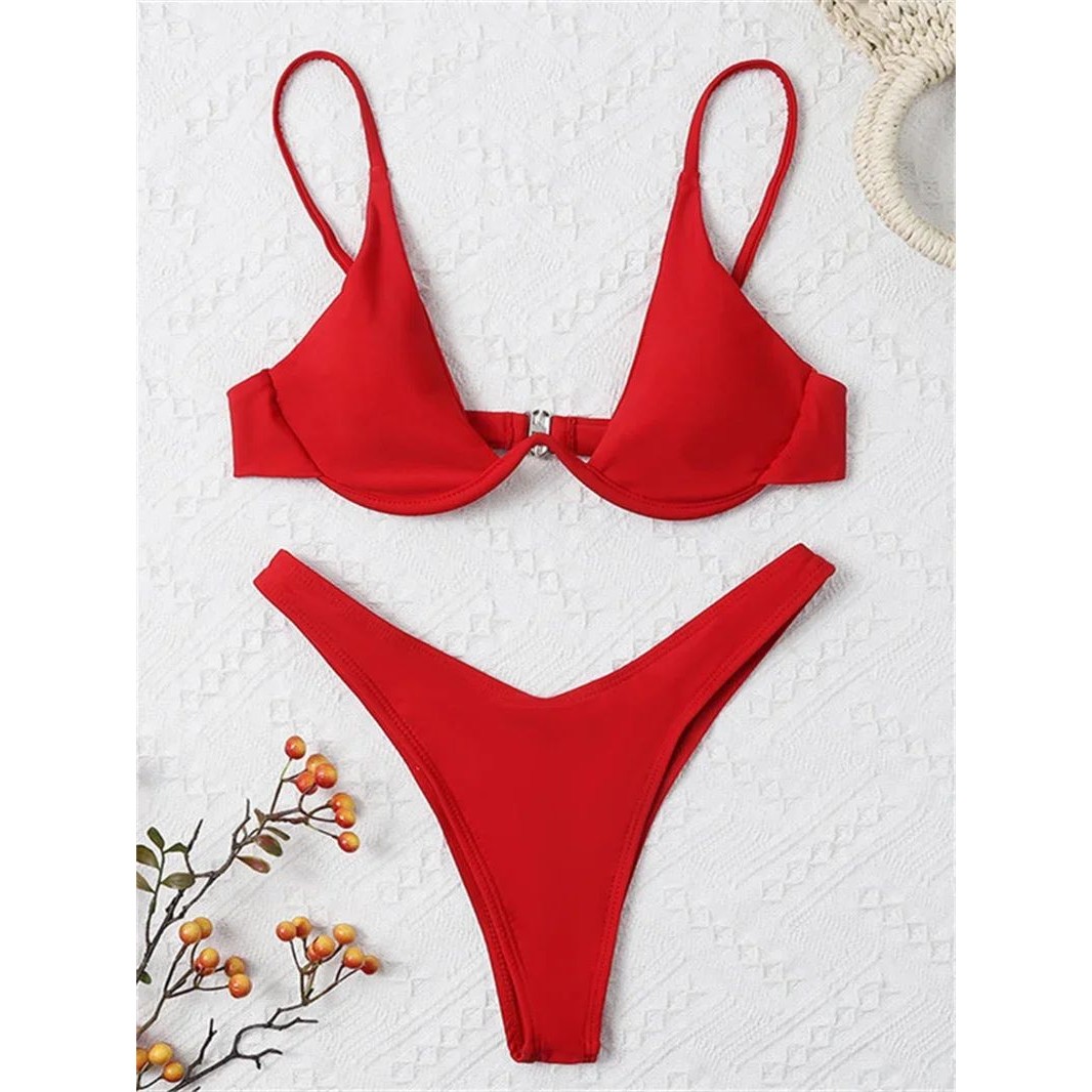 Sexy Underwire Bikini  Mujer Women Solid Red Push Up Bra Tho