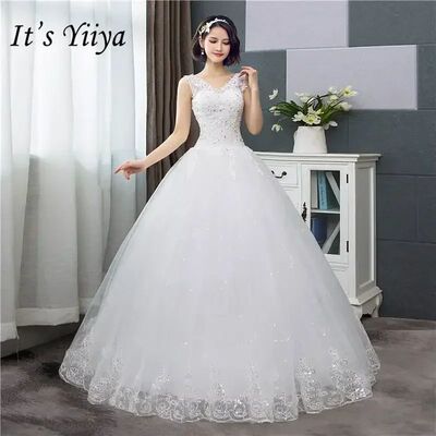 Wedding Dresses Pure White V-neck Appliques Sequined Sleevel