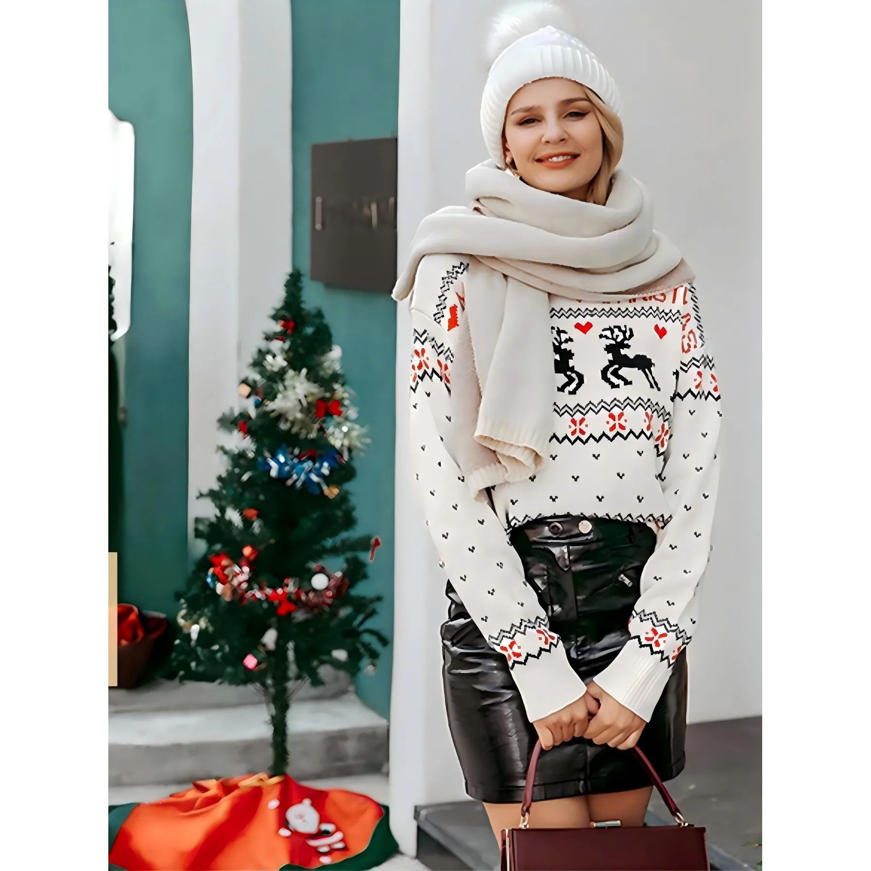 Loose sweater long sleeves round neck sweetheart neckline de