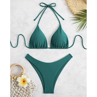 Women Thong Bikini Sexy Solid White/Black/Coffee Halter Swim