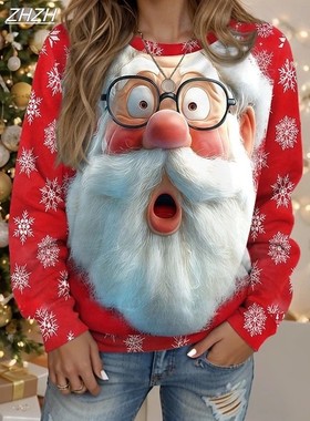 Women's Christmas Santa Print Sweatshirts, Long Sleeve Crewn