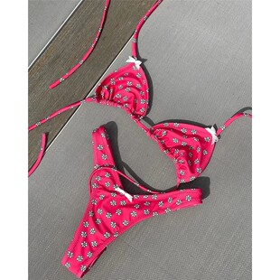 Flowers Printed Halter High Leg Cut Bikini Female Swimsuit W