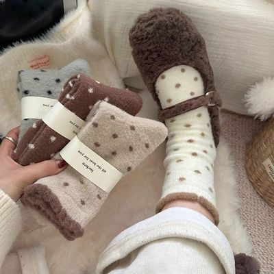 Winter Warm Thickened Polka Dot Plush Socks Women Girls Mid-