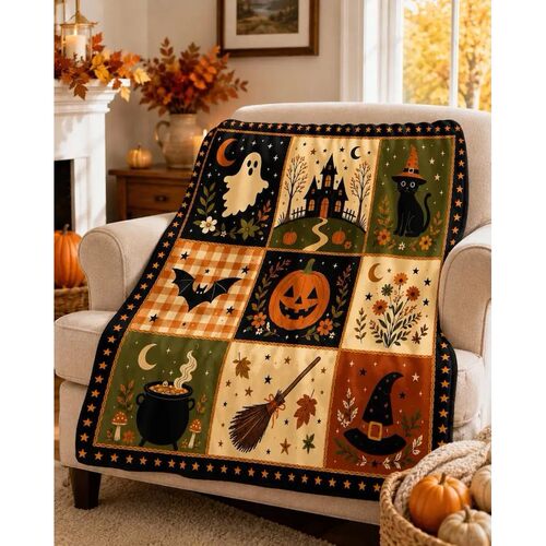 Vintage Halloween Patchwork Throw Blanket, Retro Ghost Pumpk