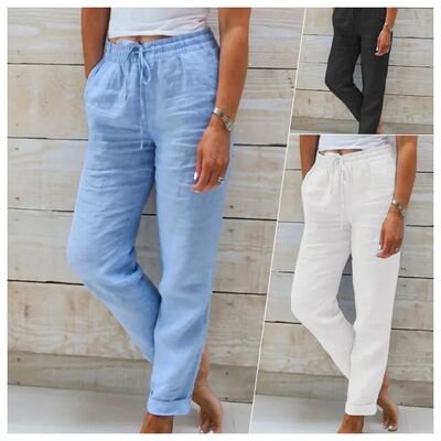 Cotton Linen Summer Pants for Women High Waist Elastic Casua