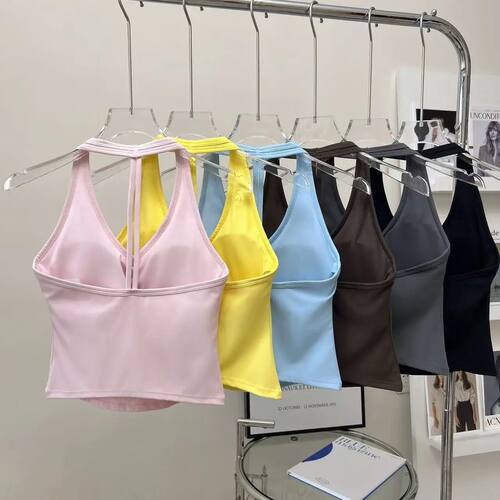 Women's Sexy V-Neck Fitness Bra Nude Sports Bra Hanging Neck