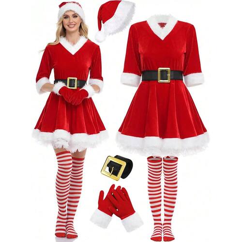 Women's Santa Claus Costume Dress 5PCS Red Cosplay Outfit fo