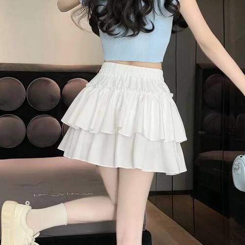 Sweet Lace Hem Cake Skirt High Waist Women's  Skirt White Su
