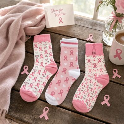 3 Pairs Pink Ribbon Breast Cancer Awareness Crew Socks,Socks