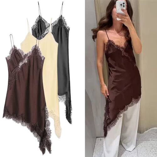 Satin Sexy Lace Spliced Short Sling Dress Women Sleeveless B