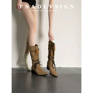 羊皮版 美拉德绑带流苏西部靴女复古粗跟马丁靴中筒堆堆骑士靴