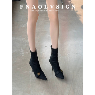 羊皮版~法式弹力瘦瘦靴后拉链黑色高跟靴金属扣细跟裸靴尖头短靴