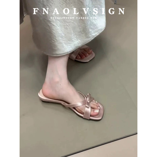 羊皮版~法式仙女蝴蝶结低跟凉拖鞋女外穿露趾温柔配裙子一字拖鞋