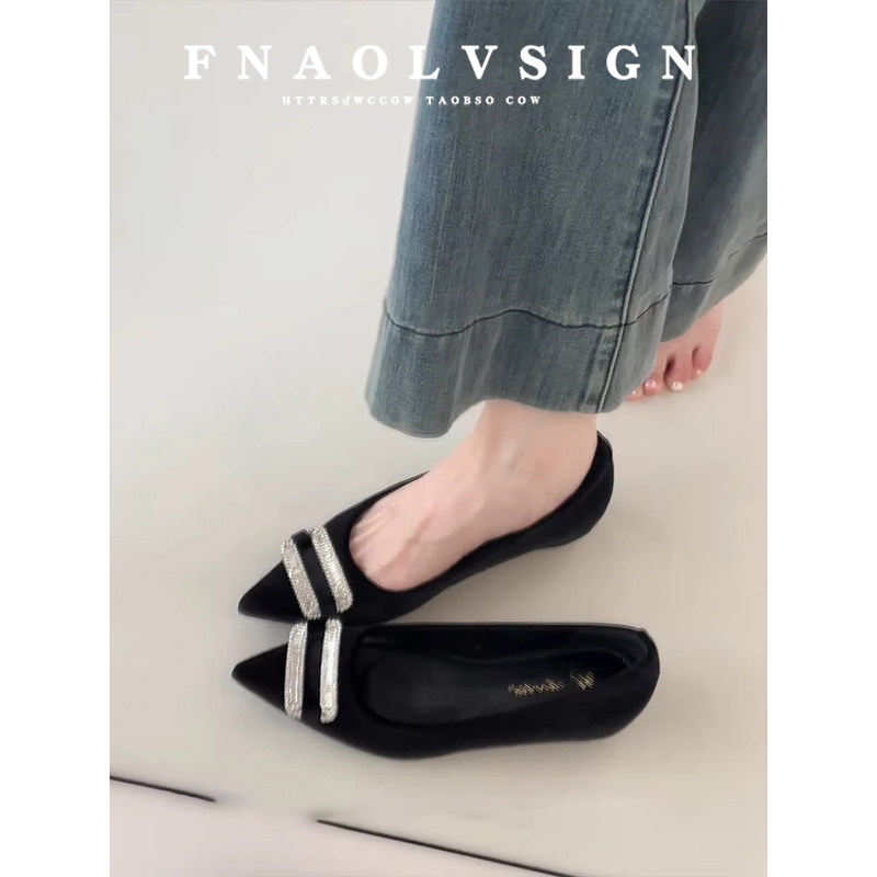 羊皮版~法式水钻方扣平底内增高单鞋女浅口一脚蹬鞋子尖头晚晚鞋