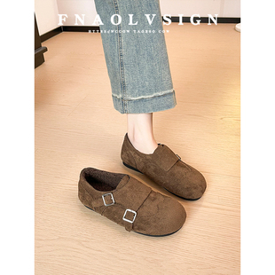 平底外穿加绒豆豆单鞋 女皮带扣勃肯鞋 女 英伦风反绒乐福鞋 牛皮版