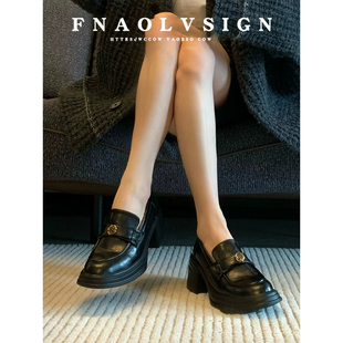 水洗牛皮~复古厚底高跟一脚蹬乐福鞋女英伦风鞋子通勤粗跟小皮鞋