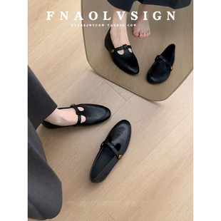 羊皮版~英伦风真皮单鞋金属T字带乐福鞋百搭内增高黑色玛丽珍鞋