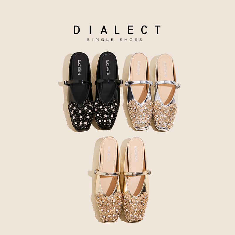 羊皮版~内增高外穿拖鞋女2025新款方头水钻一字带浅口半拖凉鞋女