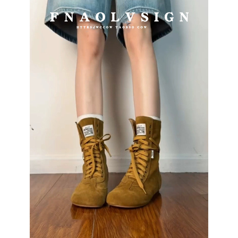牛皮版~小个子内增高短靴平底中筒马丁靴女英伦风靴子系带拳击靴