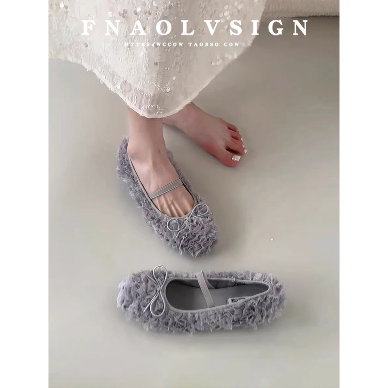 羊皮版~法式绸缎蝴蝶结平底内增高单鞋女圆头一字带玛丽珍女鞋