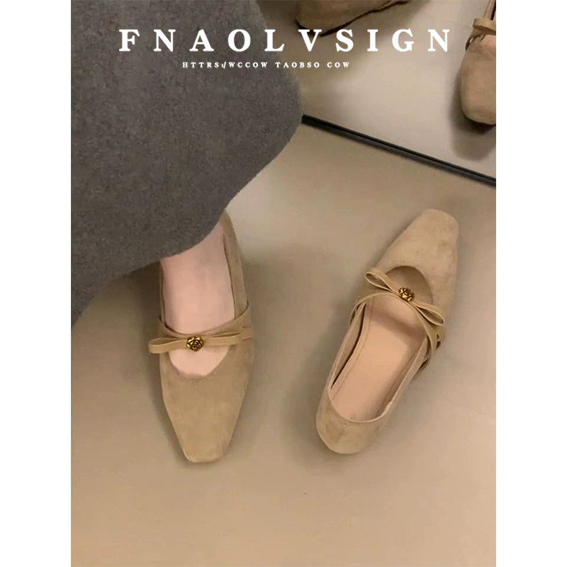 羊皮版~方头内增高玛丽珍鞋女山茶花蝴蝶结一字带浅口豆豆单鞋女