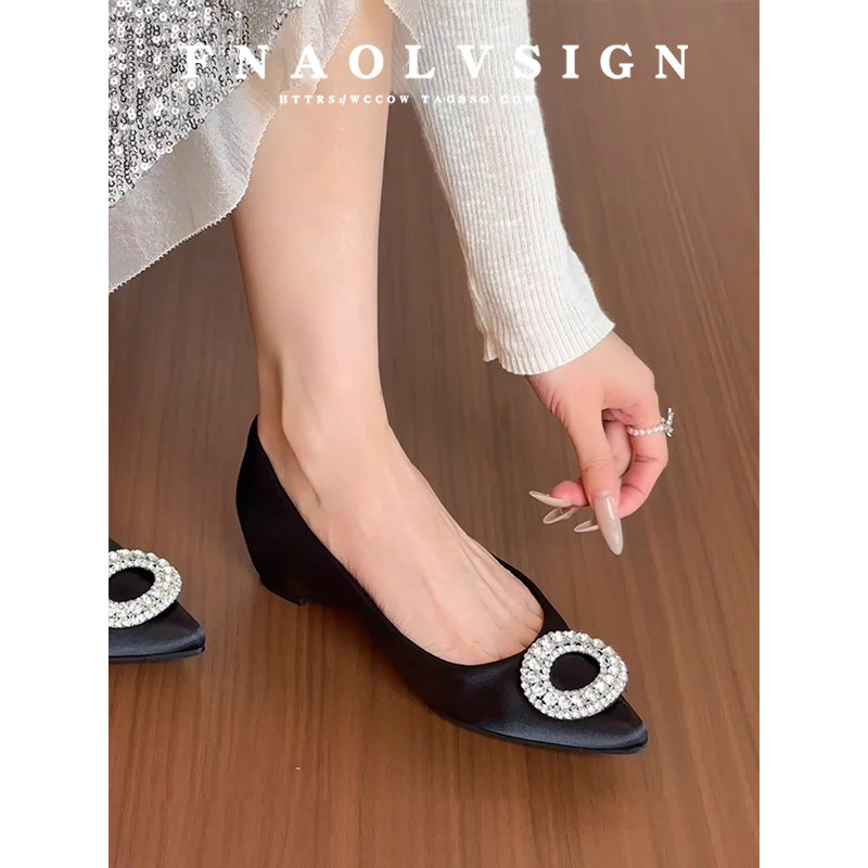 羊皮版~法式水钻扣尖头平底单鞋女浅口一脚蹬鞋子内增高晚晚鞋女
