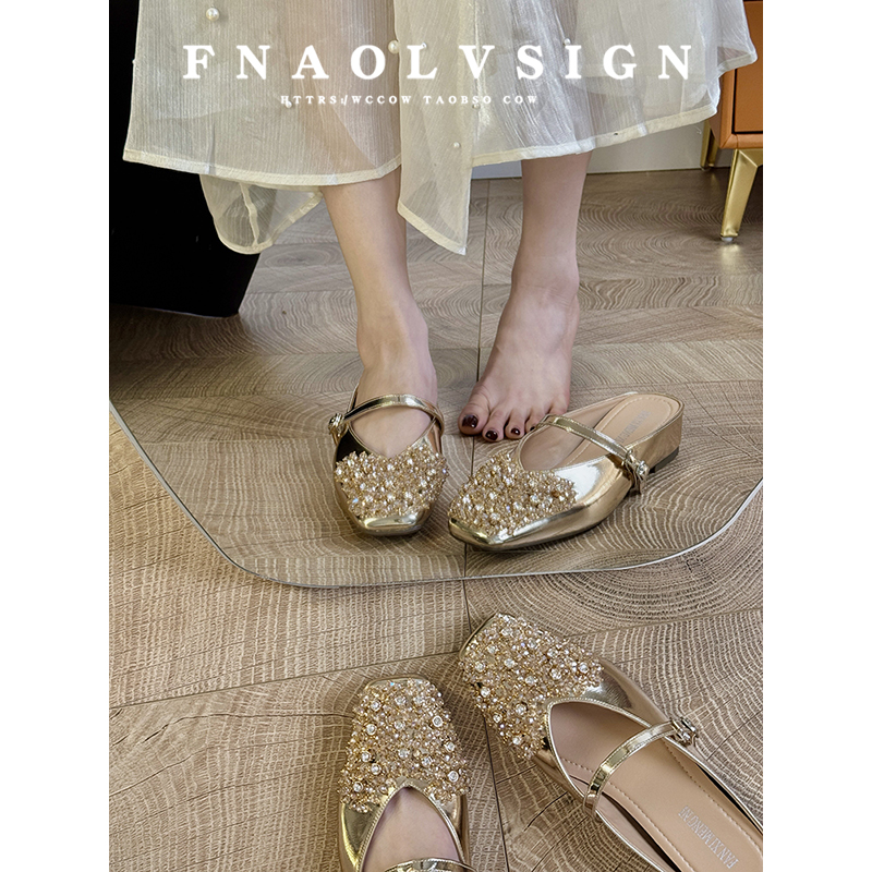 羊皮版~外穿半拖鞋女2025新款夏季法式水钻一字带内增高包头拖鞋