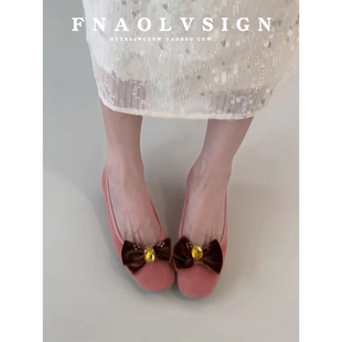 羊皮版~法式蝴蝶结平底鞋方头内增高单鞋女浅口鞋子温柔晚晚鞋女