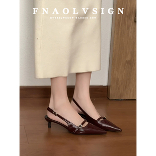 羊皮版~法式高跟鞋女气质高级不累脚小猫跟尖头单鞋漆皮包头凉鞋