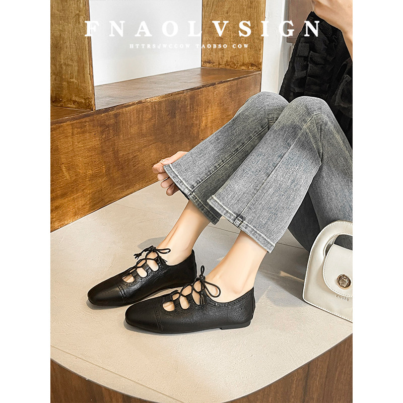 羊皮版~复古风系带镂空单鞋女平跟方头小皮鞋百搭不累脚平底鞋女,女鞋,浅口单鞋,淘宝优惠券,粉丝福利购,淘宝优惠卷