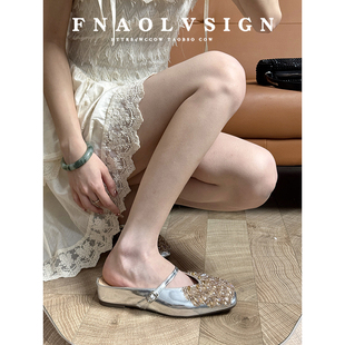 羊皮版~包头拖鞋女2025年夏季新款水钻外穿配裙子内增高半拖鞋女