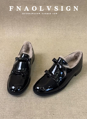 牛皮版~蝴蝶结加绒单鞋一脚蹬乐福鞋女保暖粗跟小皮鞋英伦风女鞋