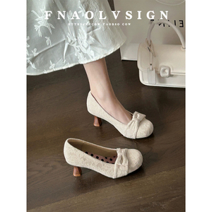 羊皮版~法式仙女风蕾丝圆头浅口高跟鞋女配裙绝美不累脚粗跟单鞋