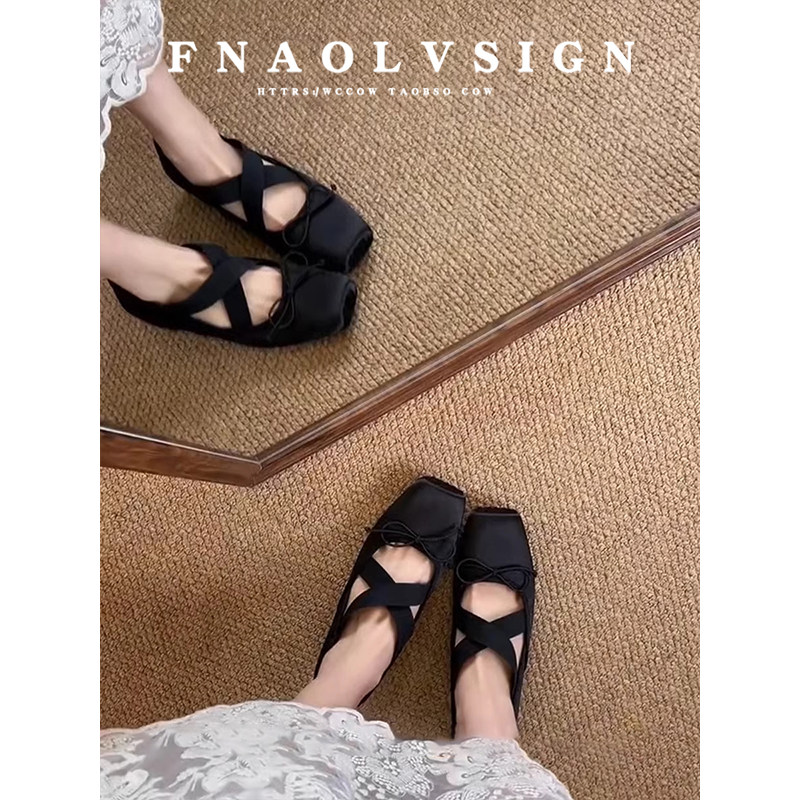 羊皮版~法式芭蕾风方头交叉带平底单鞋女浅口内增高玛丽珍女鞋