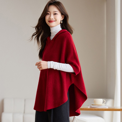 中国风红色斗篷披肩赫本风大衣女秋冬小个子连帽毛衣外套针织罩衫