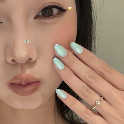 手工薄荷绿海莉穿戴甲镜面超亮