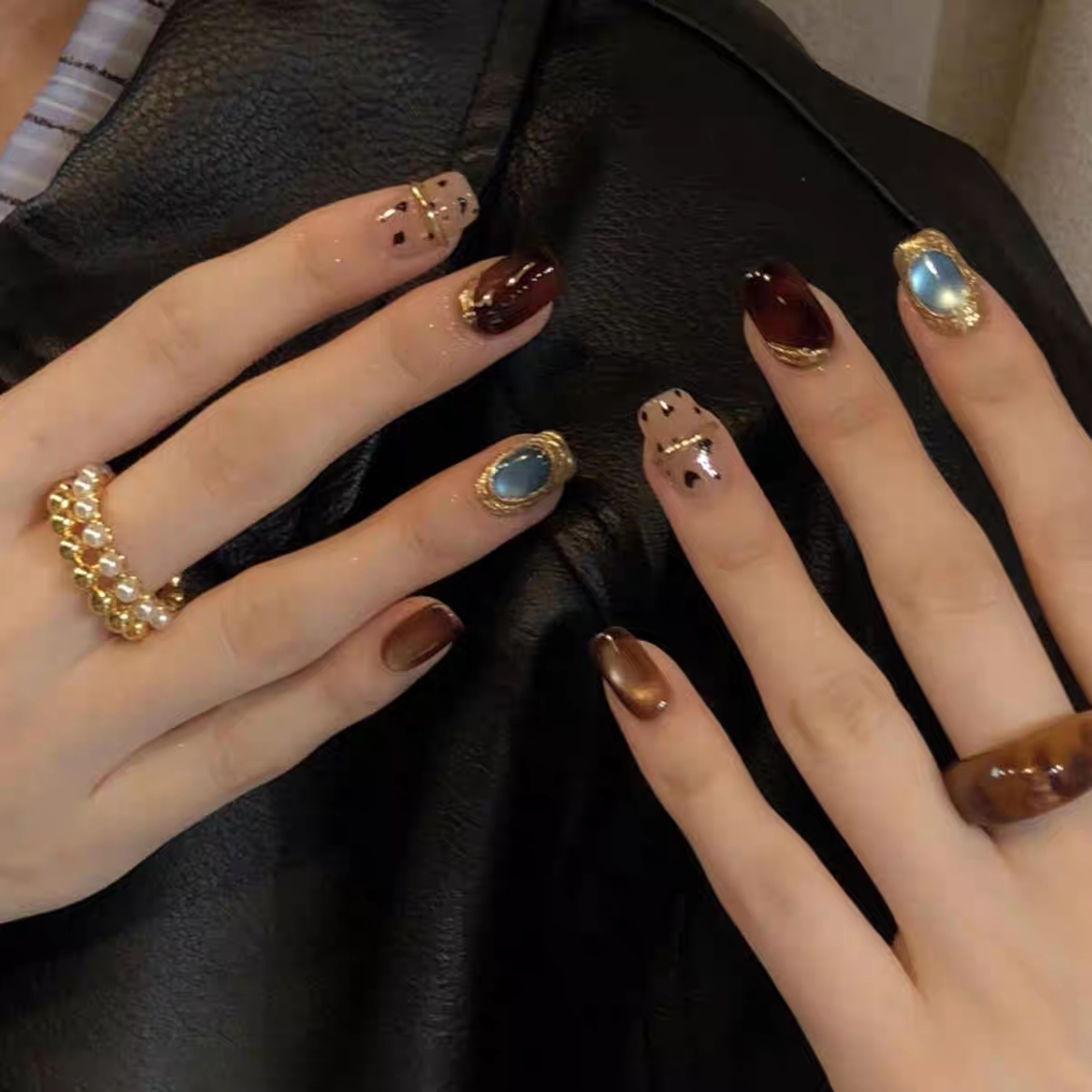 秋冬爆款鎏金琥珀显白猫眼美甲贴