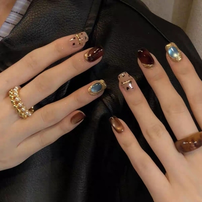 秋冬爆款鎏金琥珀显白猫眼美甲贴